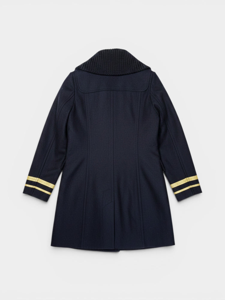 Navy Wool Blend Military Double-Breasted Coat with Knit Collar