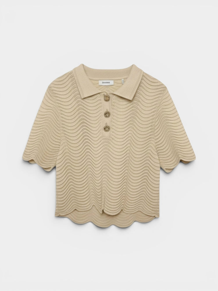 Ivory Wave Knit Polo Top and Mini Skirt Matching Set