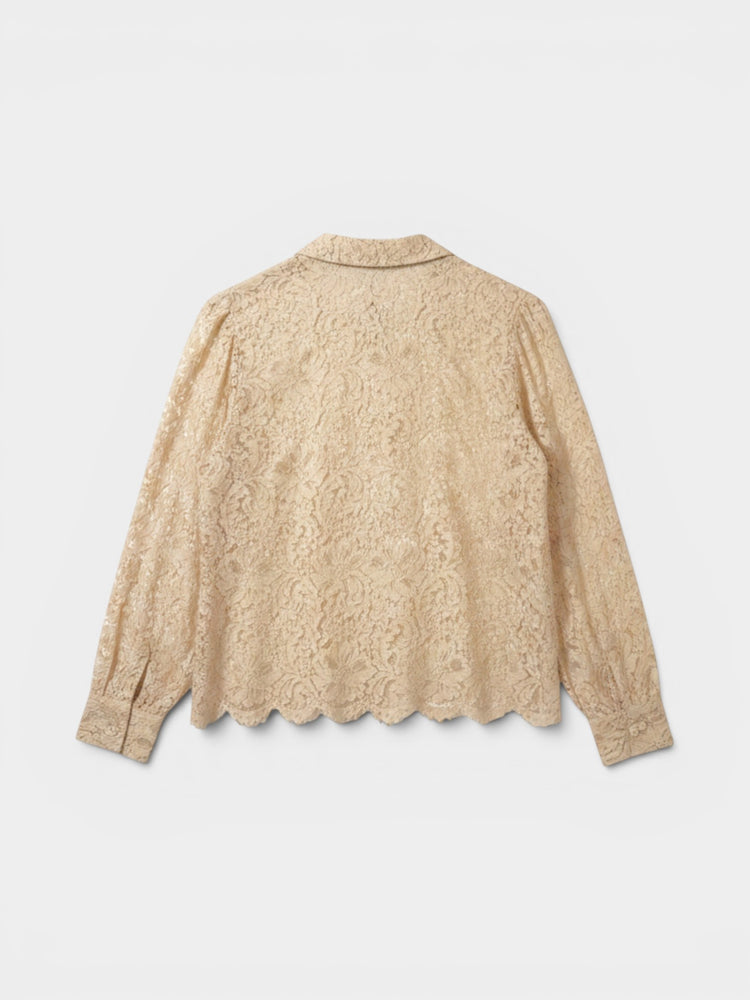 Beige Floral Lace Long-Sleeve Blouse