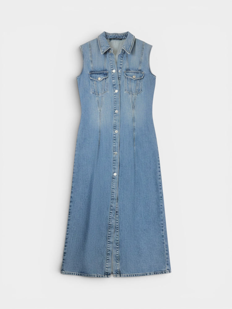 Blue Denim Sleeveless Maxi Shirt Dress