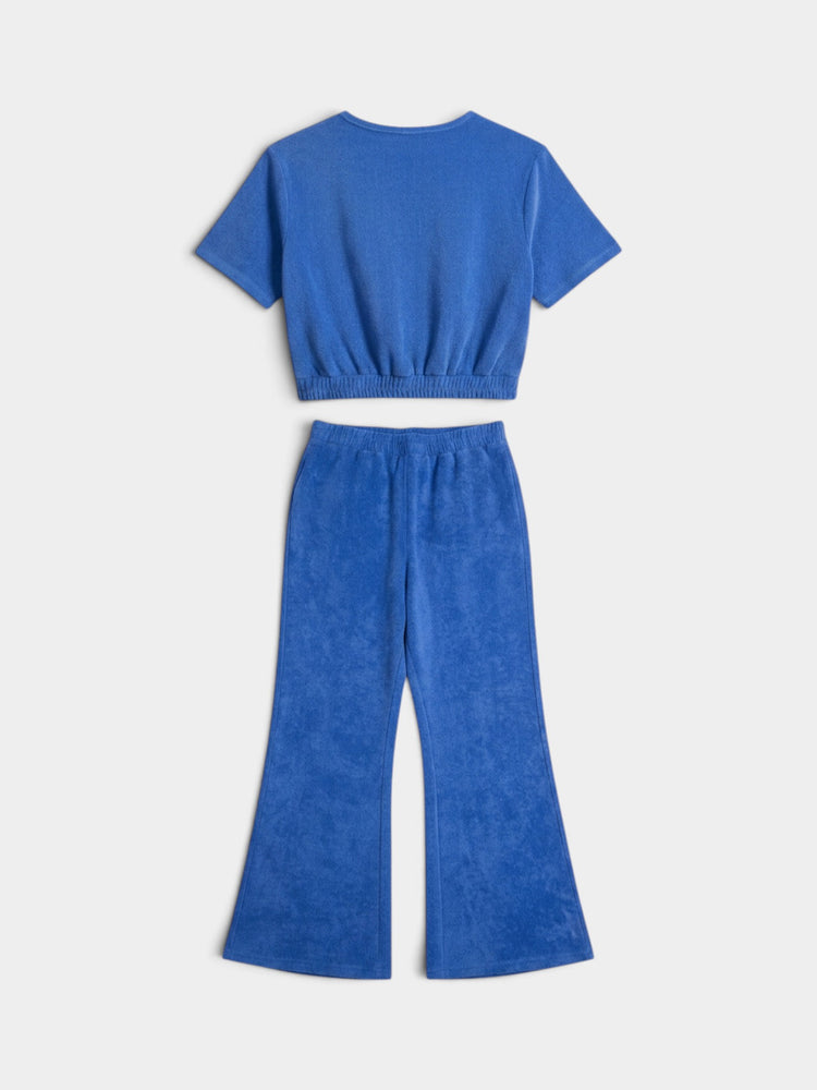Blue Terry Cloth Cropped Top and Flare Pants Matching Set