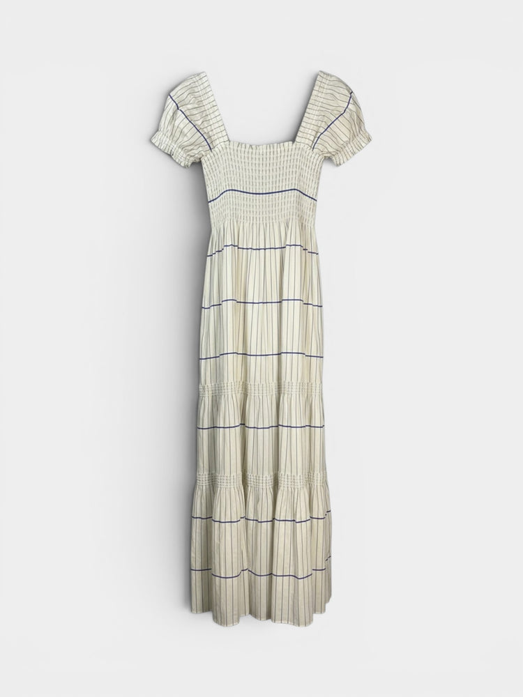 Ivory Grid Stripe Smocked Puff Sleeve Tiered Maxi Dress