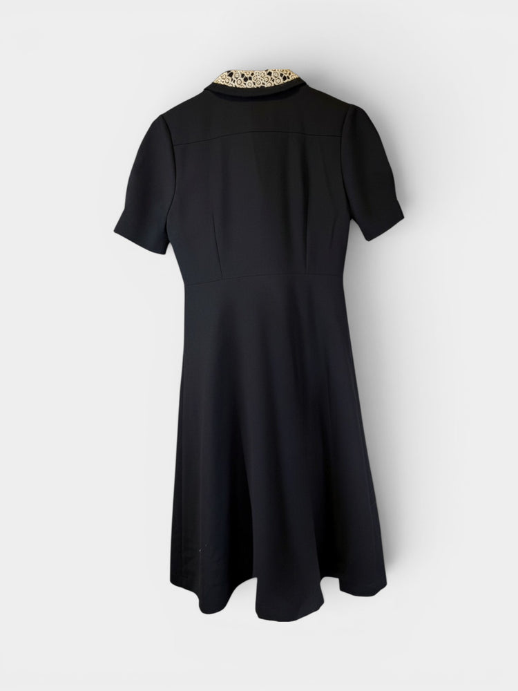 Black Fit-and-Flare Midi Dress with Lace Collar