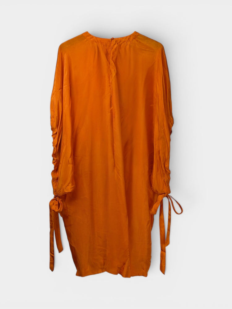 Orange Oversized Midi Dress with Ruched Drawstring Sleeves