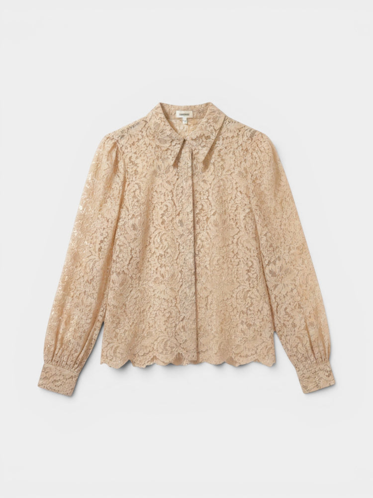 Beige Floral Lace Long-Sleeve Blouse