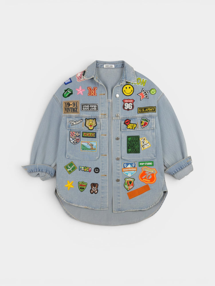 Light Wash Denim Patch Oversized Shacket Jacket