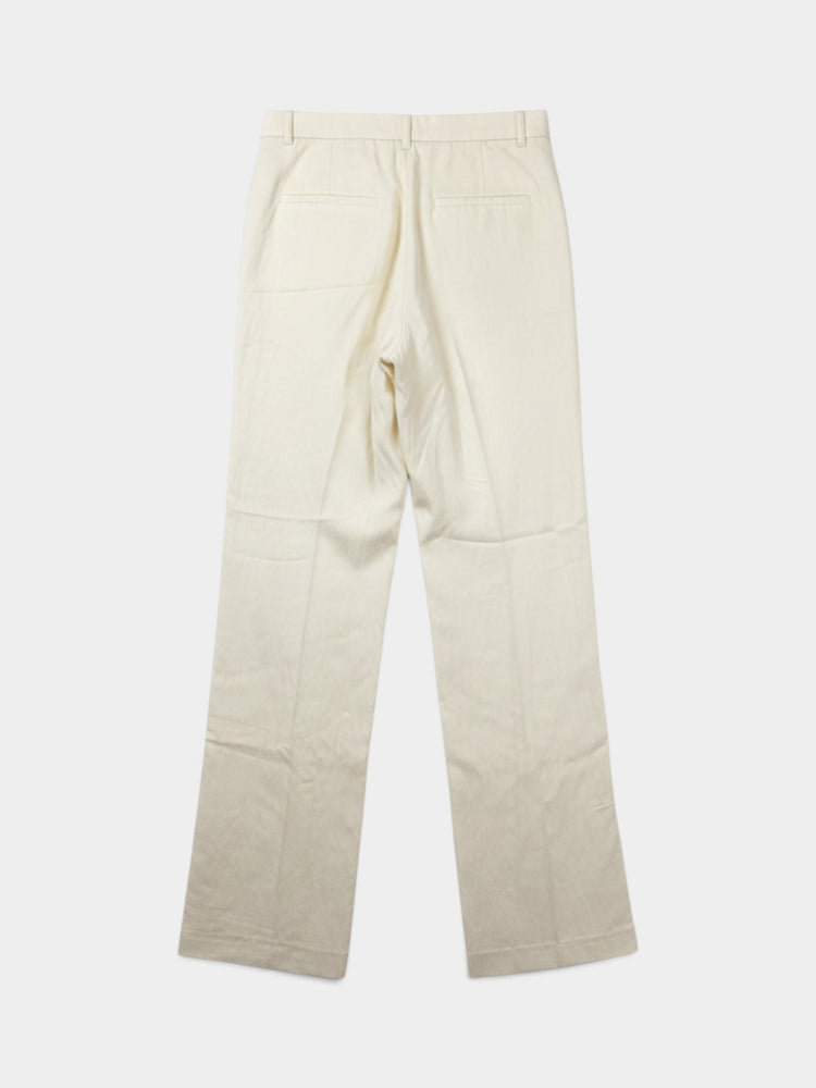 Ivory Wide-Leg Pleated Trousers With Cuffed Hem