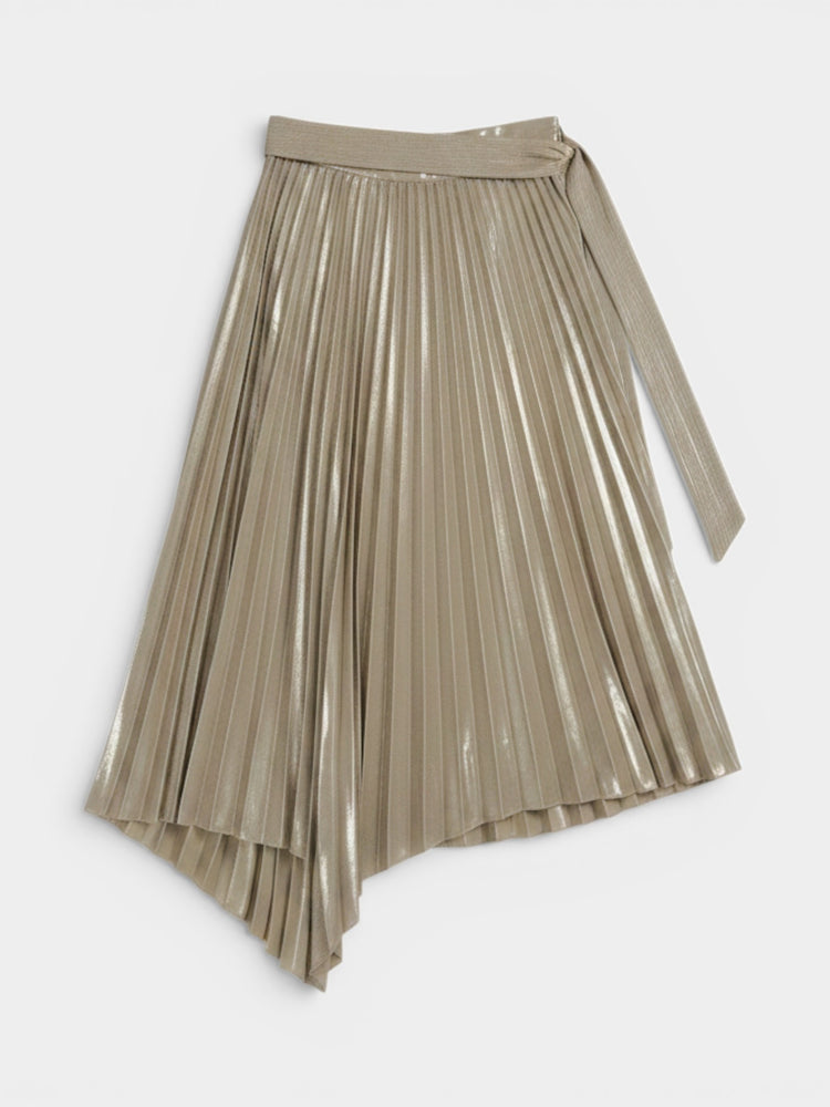 Gold Metallic Pleated Asymmetric Midi Skirt
