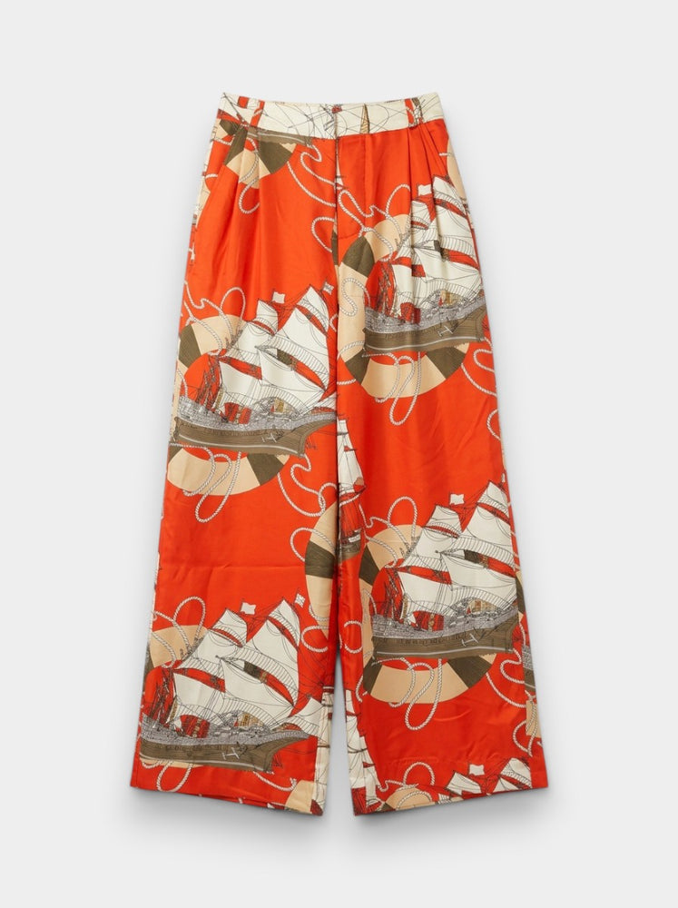 Red Silk Nautical Print Wide-Leg Pants