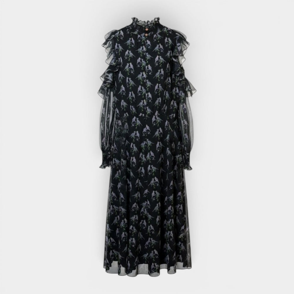 Black Bird Print Chiffon Cold-Shoulder Maxi Dress
