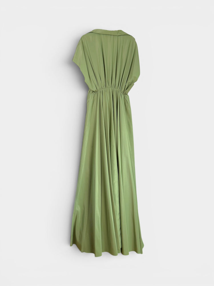 Sage Green Maxi Shirt Dress with Elasticated Waist and Flutter Sleeves