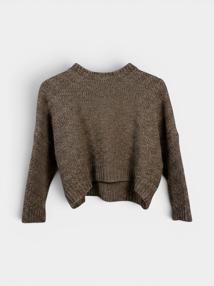 Brown Eco Wool Cropped Boxy Ribbed Sweater