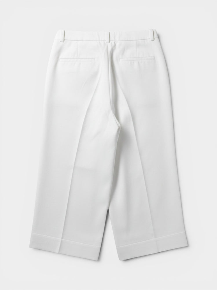 White Pleated Wide-Leg Bermuda Shorts with Cuffs