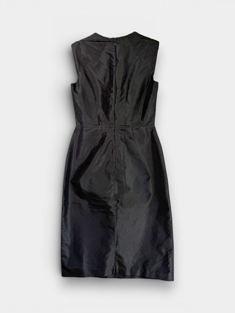 Black Silk Blend Ruched Bodice Sleeveless Sheath Dress