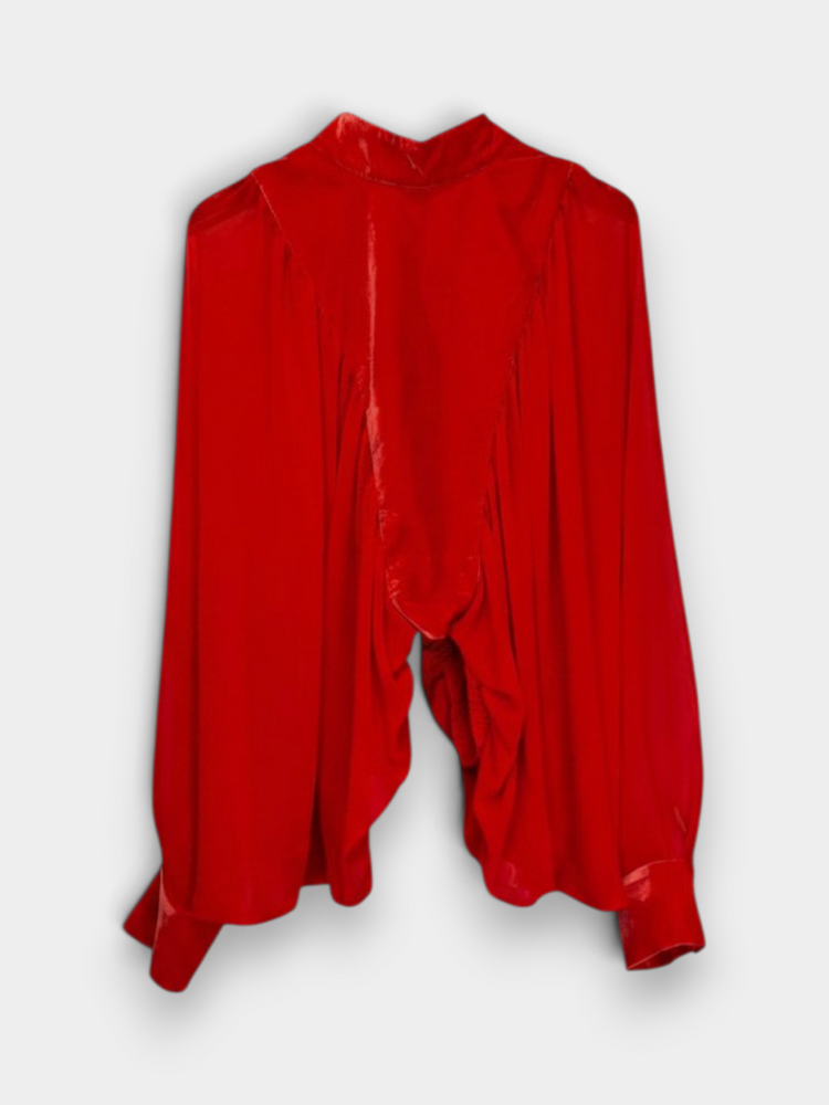 Red Velvet Mixed-Texture Draped Waterfall Blouse