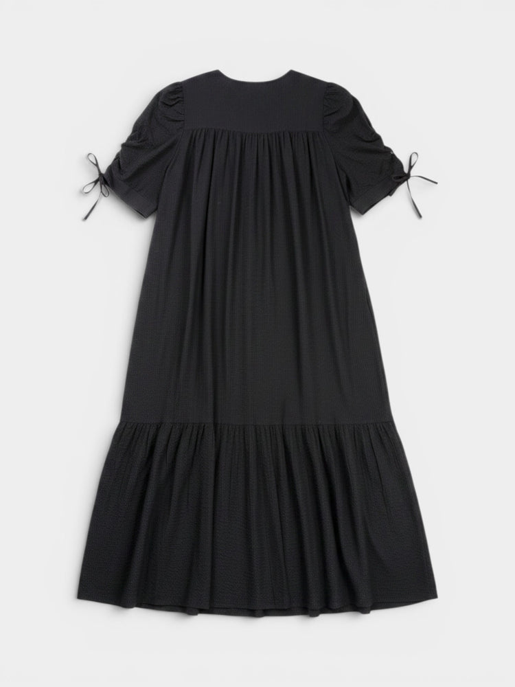 Black Cotton Tiered Maxi Dress with Puff Sleeves