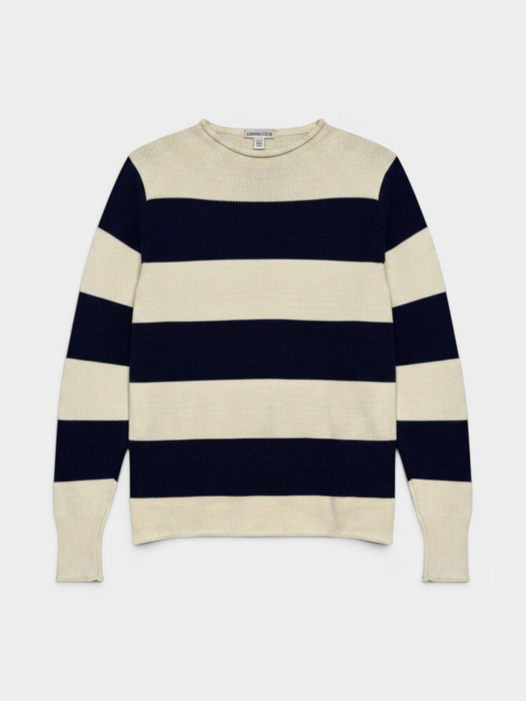 Navy Cream Wide Stripe Cotton Crewneck Sweater