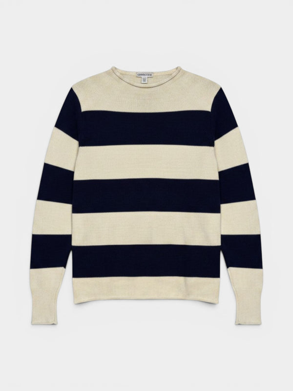Navy Cream Wide Stripe Cotton Crewneck Sweater