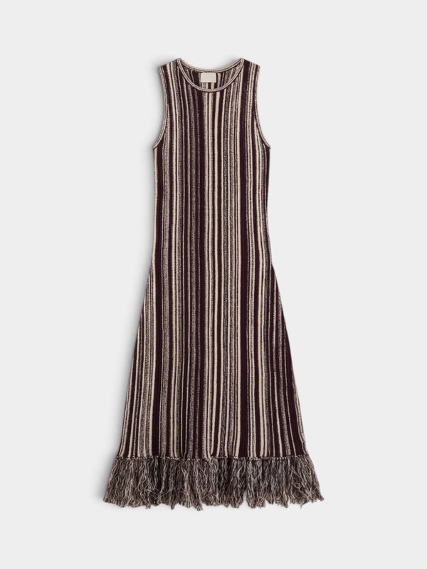 Burgundy Striped Fringe-Trimmed Knit Dress