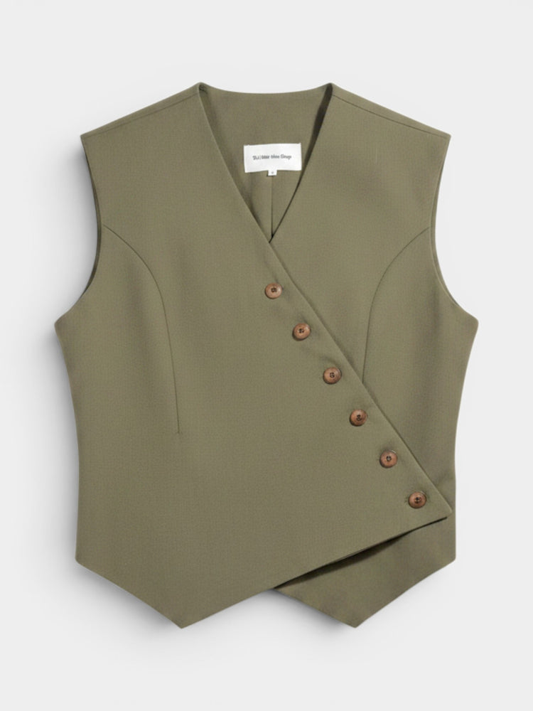 Olive Asymmetric Wrap Tailored Vest