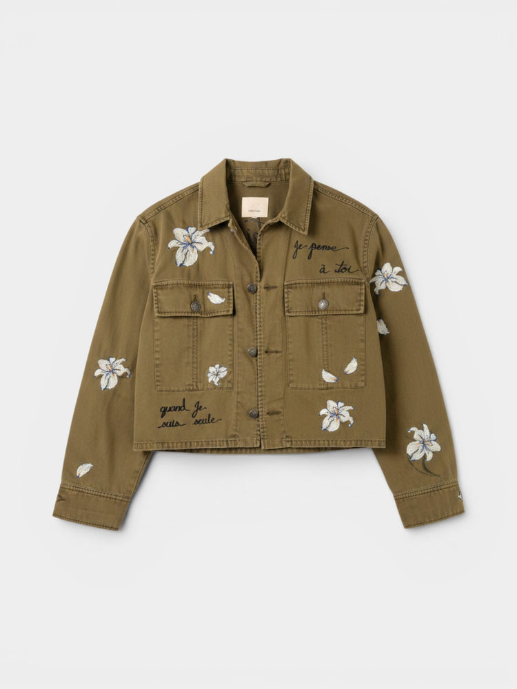 Olive Embroidered Floral Cropped Jacket