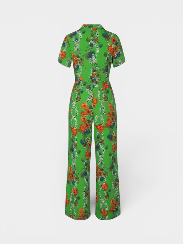 Sandro Paris Green Floral Wide-Leg Short Sleeve Jumpsuit