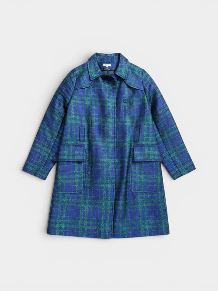 Navy Green Metallic Plaid Belted Trench Coat