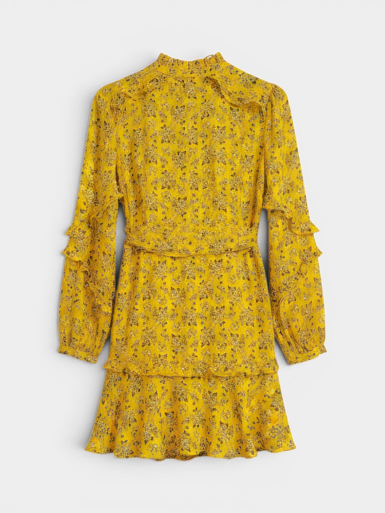 Yellow Floral Print Ruffle Mini Dress