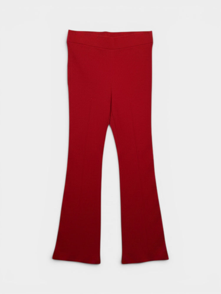 Red Ribbed Knit Flare Pants