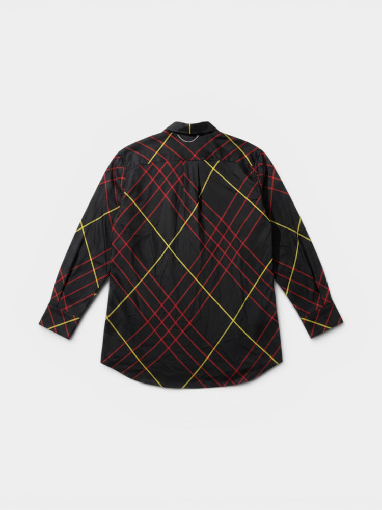 Black Silk Diagonal Plaid Oversized Button-Down Shirt