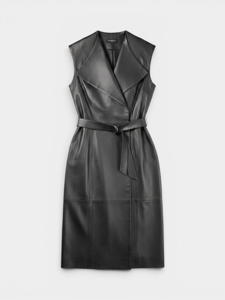 Black Lamb Leather Sleeveless Belted Midi Dress