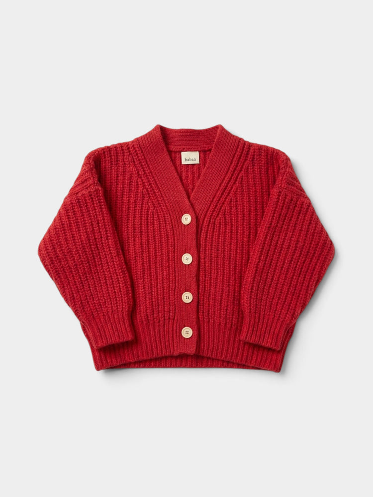 Red Eco Wool Chunky Knit V-Neck Cardigan