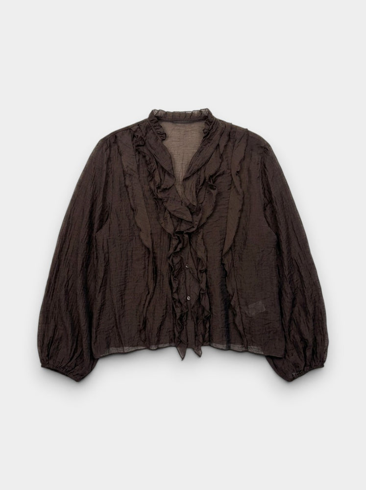 Dark Brown Sheer Ruffle Front Blouse