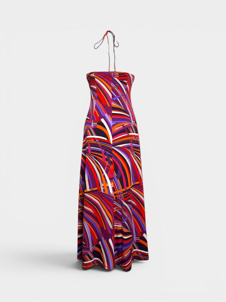 Purple Abstract Swirl Print Halter Maxi Dress