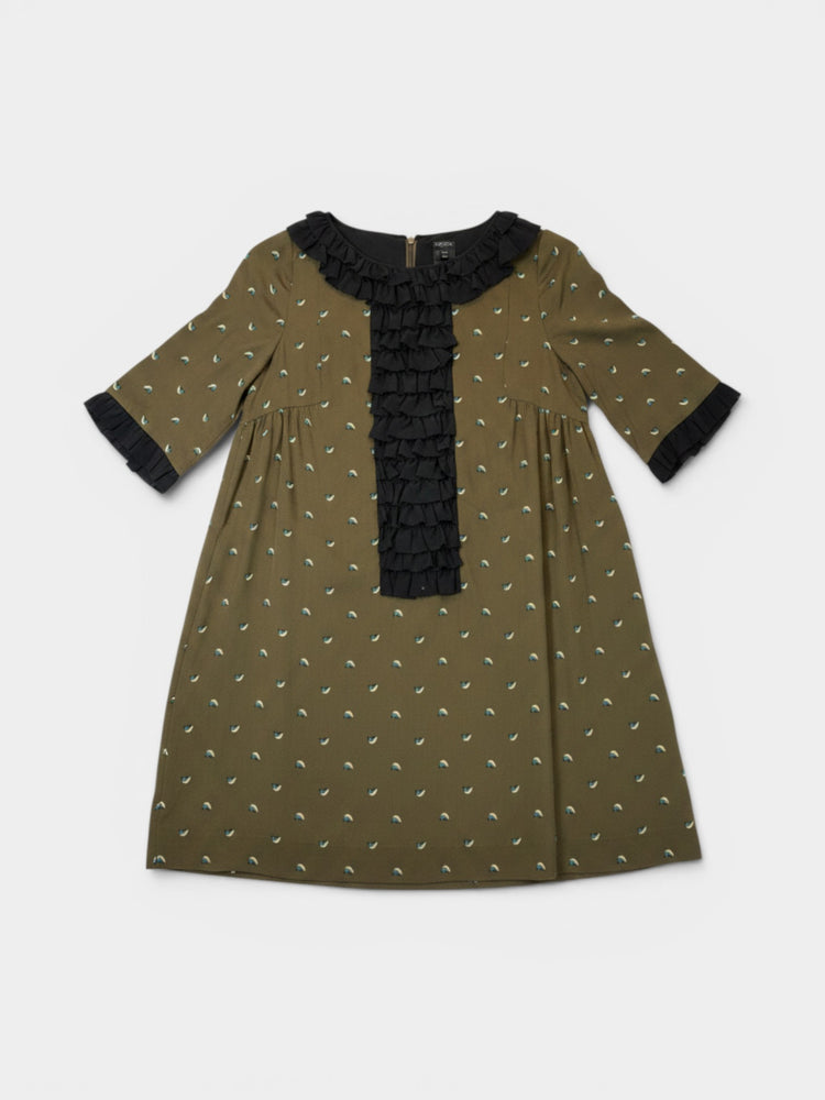 Olive Silk Bird Print Ruffle Trim A-Line Dress