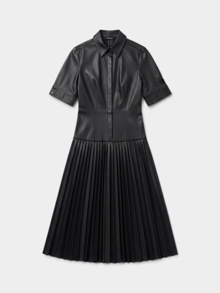 Black Faux Leather Pleated Midi Shirtdress