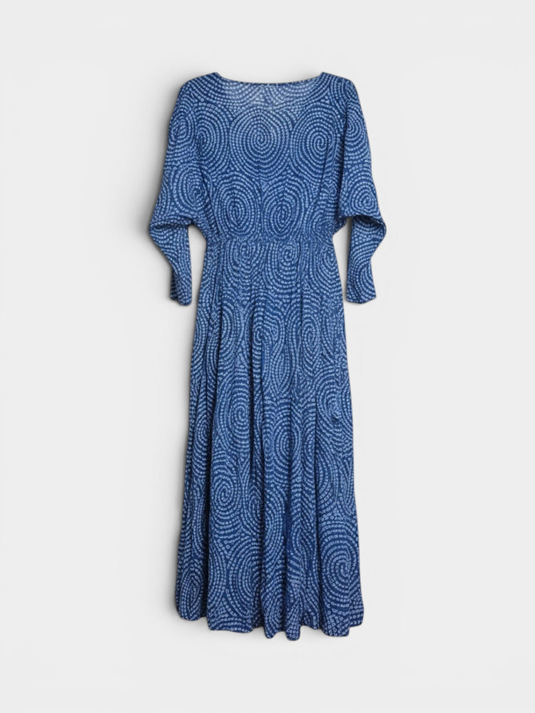 Blue Spiral Print Smocked Waist Dress with Flutter Sleeves