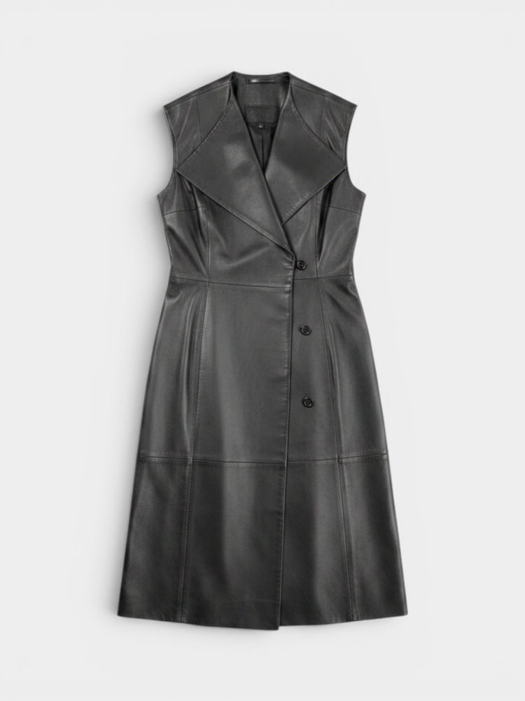 Black Lamb Leather Sleeveless Belted Midi Dress