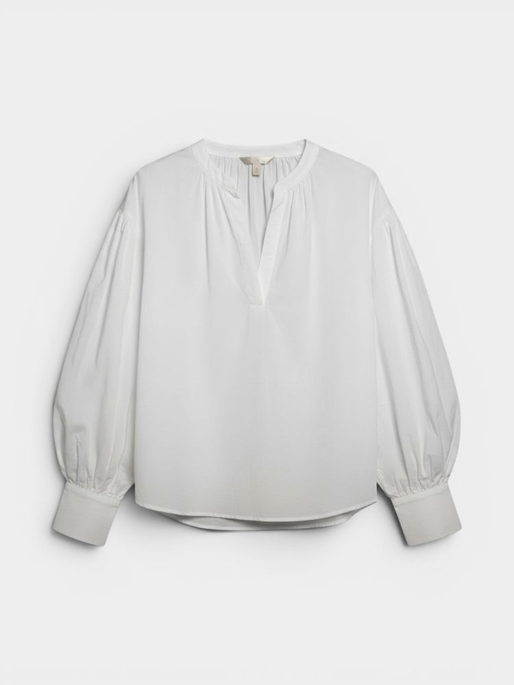 Ivory Cotton Poplin Bishop Sleeve V-Neck Blouse