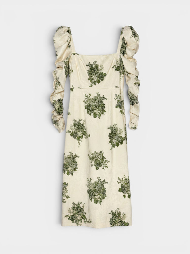 Ivory Green Floral Jacquard Puff Sleeve Midi Dress