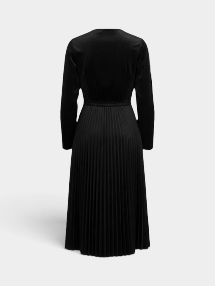Black Velour Wrap V-Neck Pleated Midi Dress