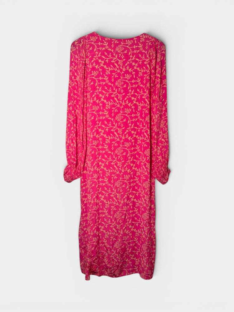 Pink Floral Vine Print Long-Sleeve Midi Dress