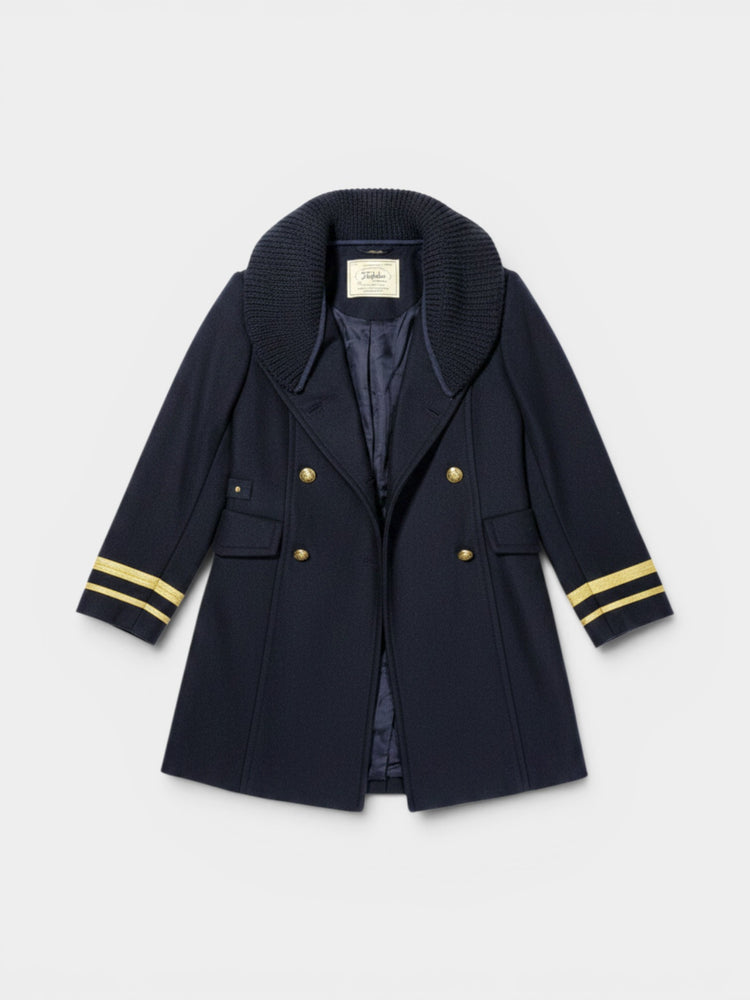 Navy Wool Blend Military Double-Breasted Coat with Knit Collar