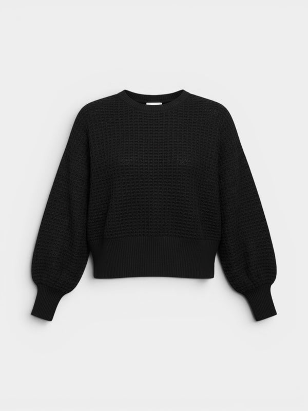 Black Waffle Knit Balloon Sleeve Cropped Crew Neck Sweater