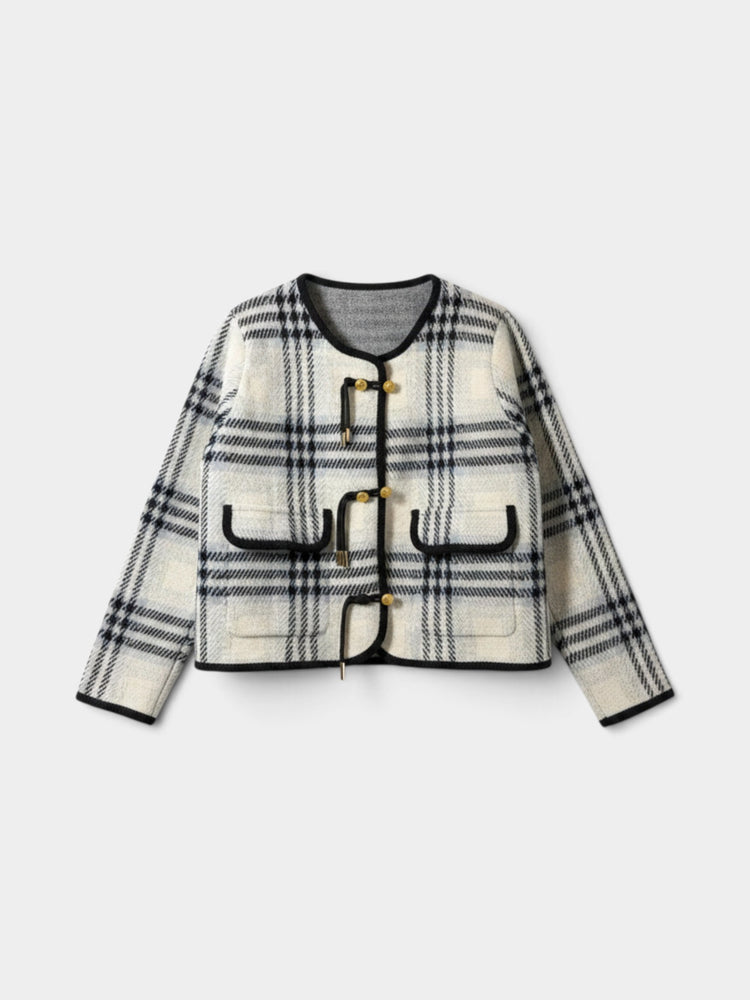 Plaid Cropped Wool Jacket with Gold Toggle Closures