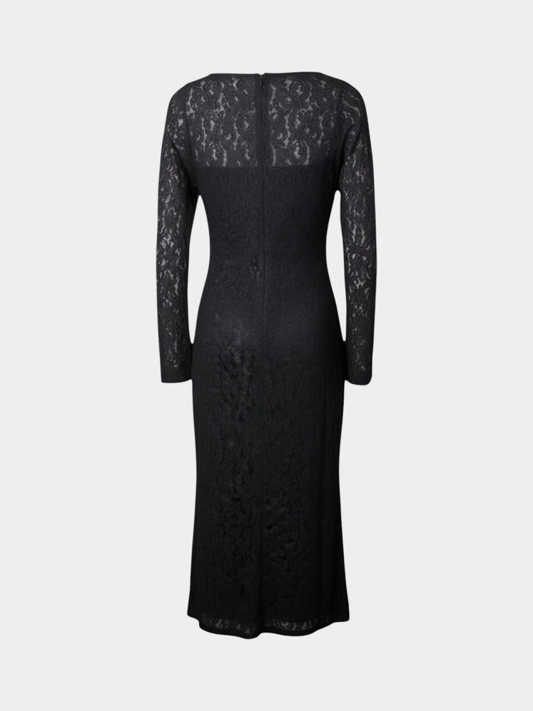 Black Floral Lace Long-Sleeve Fitted Midi Dress