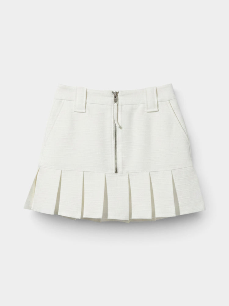 Ivory Textured Pleated Mini Skirt with Zip Front