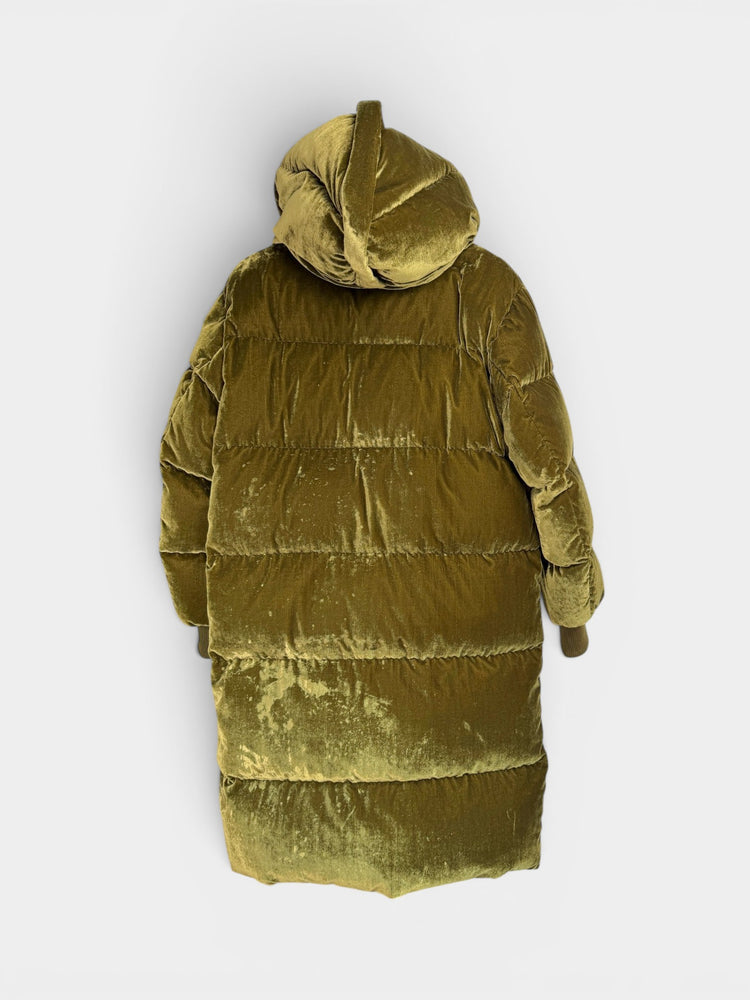 Olive Velvet Long Quilted Puffer Coat