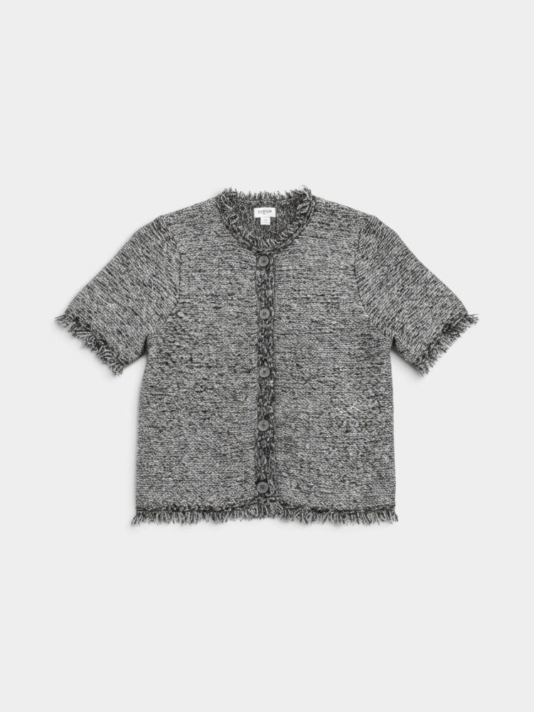 Bouclé Short-Sleeve Fringe Cardigan