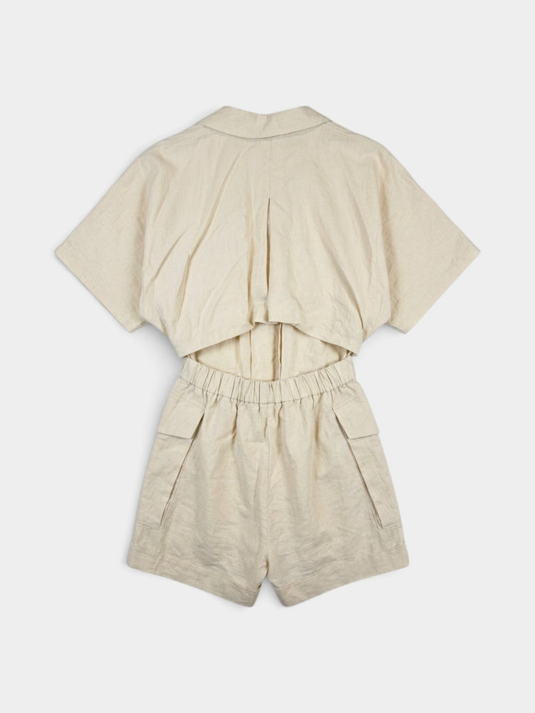 Beige Belted Romper with Cutout Back